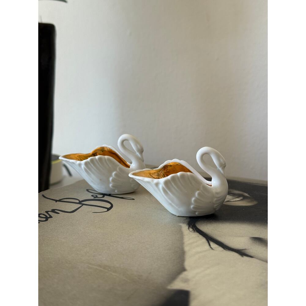 Set of 2 Vintage Fitz and Floyd Porcelain Swans with Gold Interior - RARE!